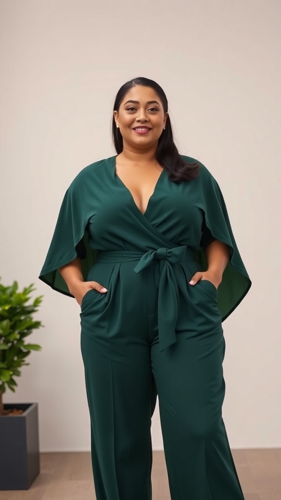 A woman wearing a forest green formal jumpsuit with a cape, featuring a wrap-style top and wide-leg pants.