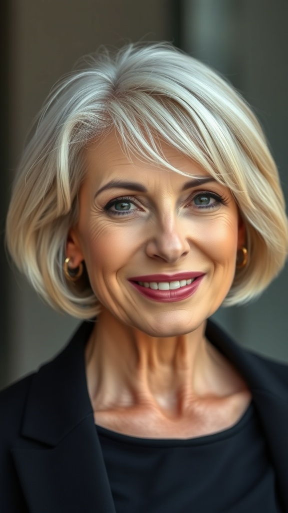 A stylish older woman with a French bob hairstyle featuring rounded edges and bangs, smiling confidently.
