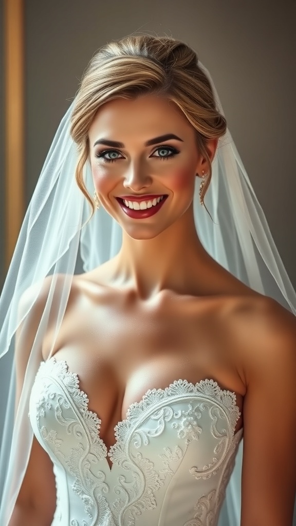 Bride with a French twist hairstyle and a long draped veil, smiling in a beautiful wedding dress.