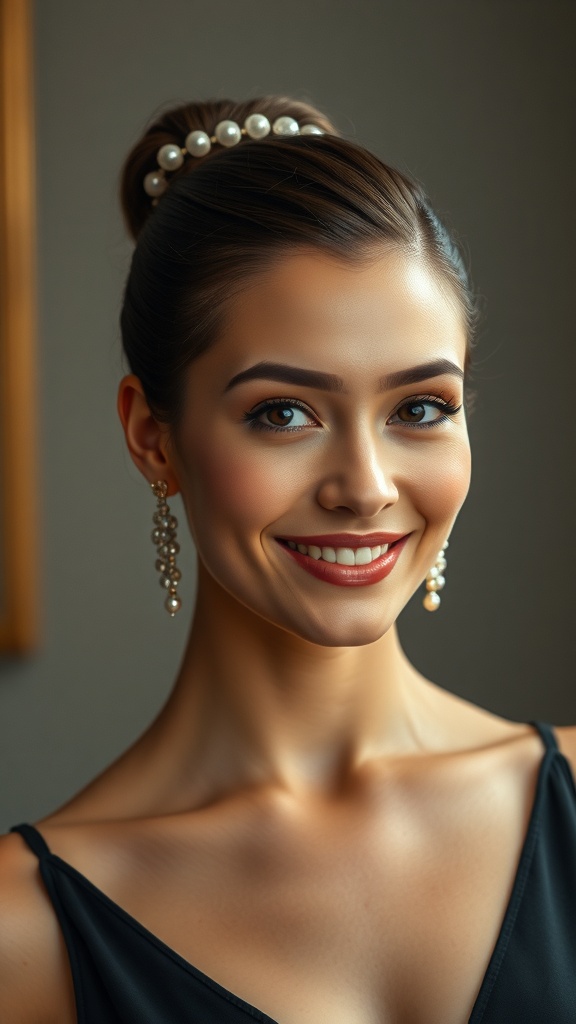 A woman with a French twist hairstyle adorned with pearls, wearing elegant earrings, smiling confidently.