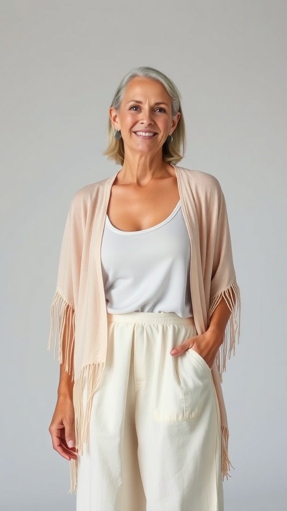 A woman wearing a fringed kimono over a tank top and skirt, smiling confidently.