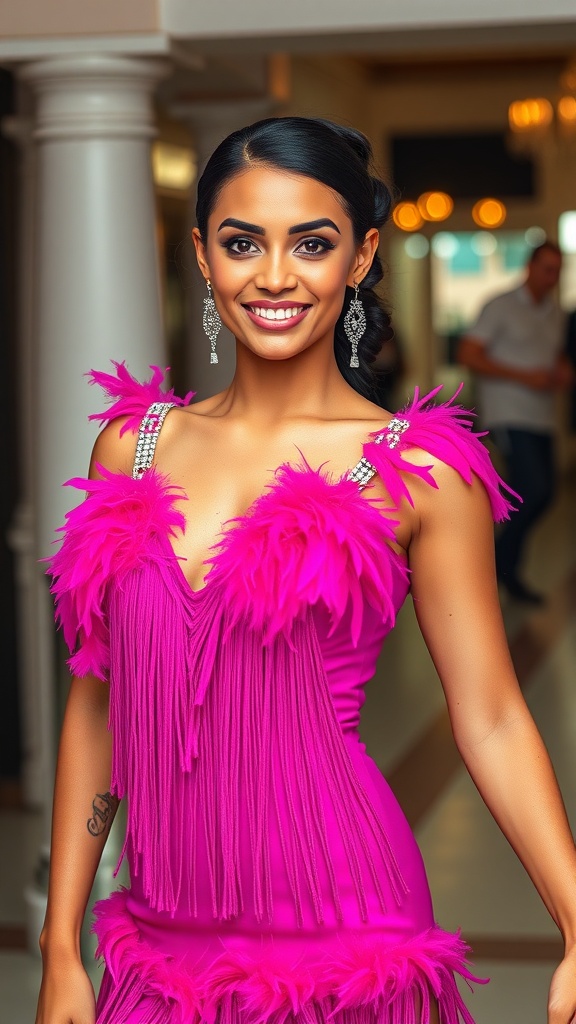 A woman wearing a fuchsia salsa dress with feather fringe, smiling and posing confidently.