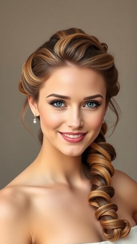 A woman with a full-length loose braided updo featuring curls, showcasing an elegant wedding hairstyle.