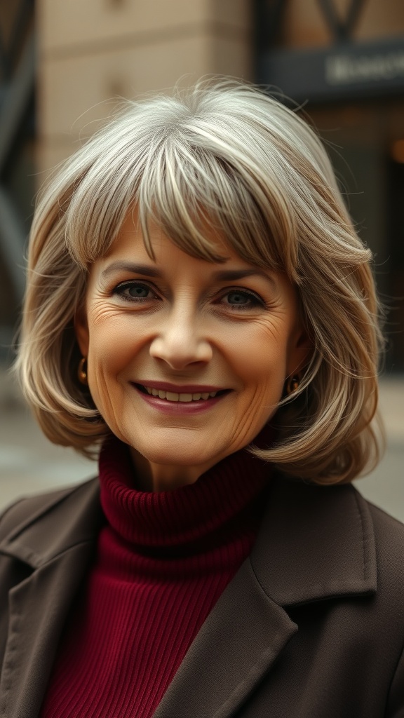 A woman with medium-length layered hair and full fringe, smiling warmly.
