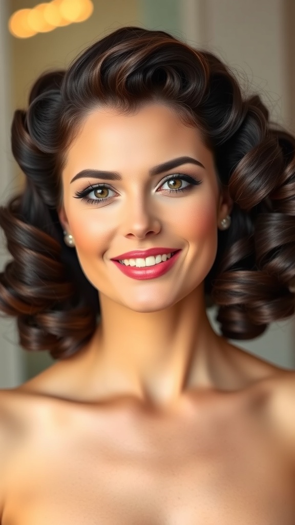 A woman with full volume vintage curls styled with a crown part, showcasing old Hollywood elegance.