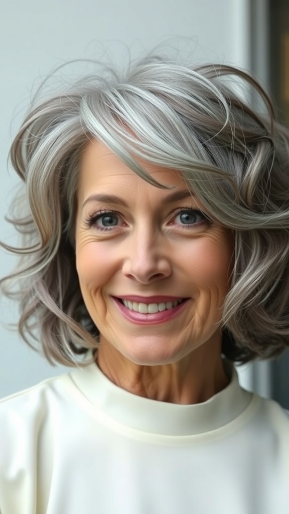 A woman with a funky grey curly bob hairstyle, smiling and looking stylish.