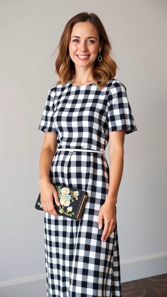 A woman wearing a gingham midi dress and holding a floral clutch, smiling at the camera.