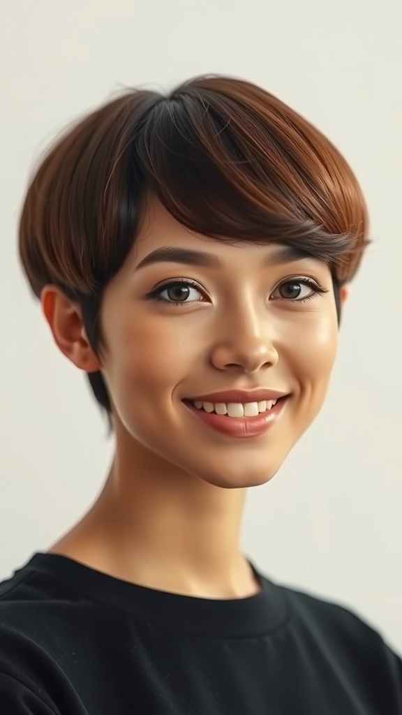 A person with a glossy brunette bowl cut, smiling and looking stylish.