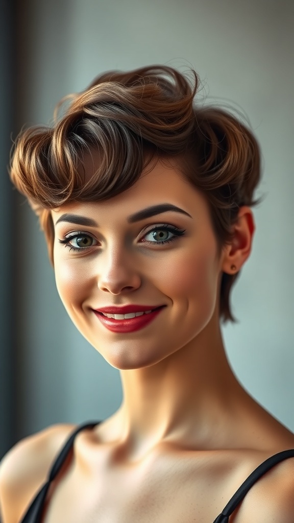 A woman with glossy finger waves in her short hair, smiling confidently.