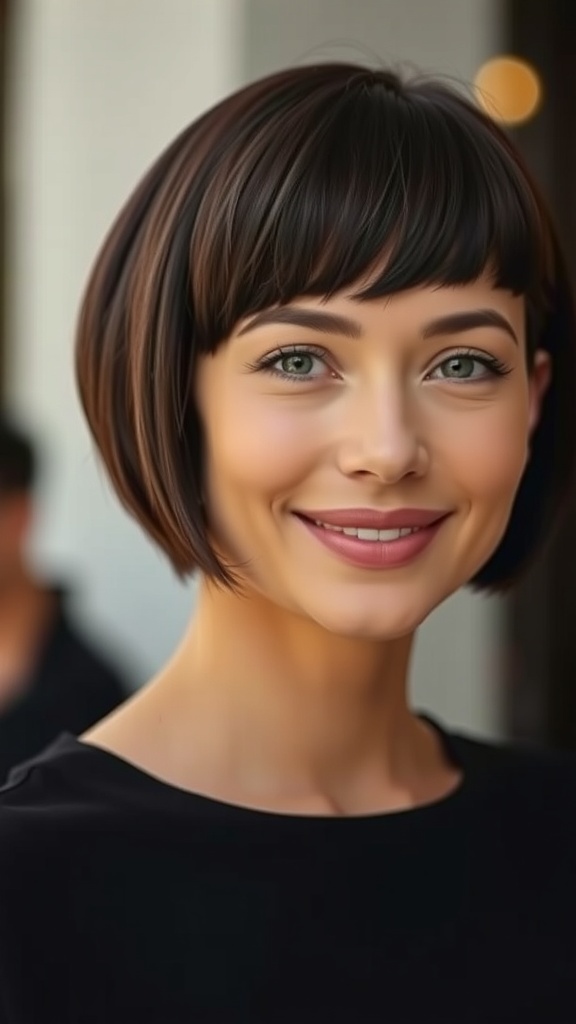 A woman with glossy short hair styled in a straight blunt cut, featuring short bangs.