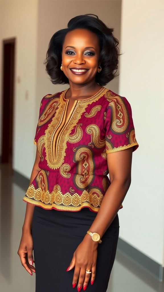 A woman wearing a gold accented Kente peplum blouse with a pencil skirt, showcasing a blend of modern and traditional styles.