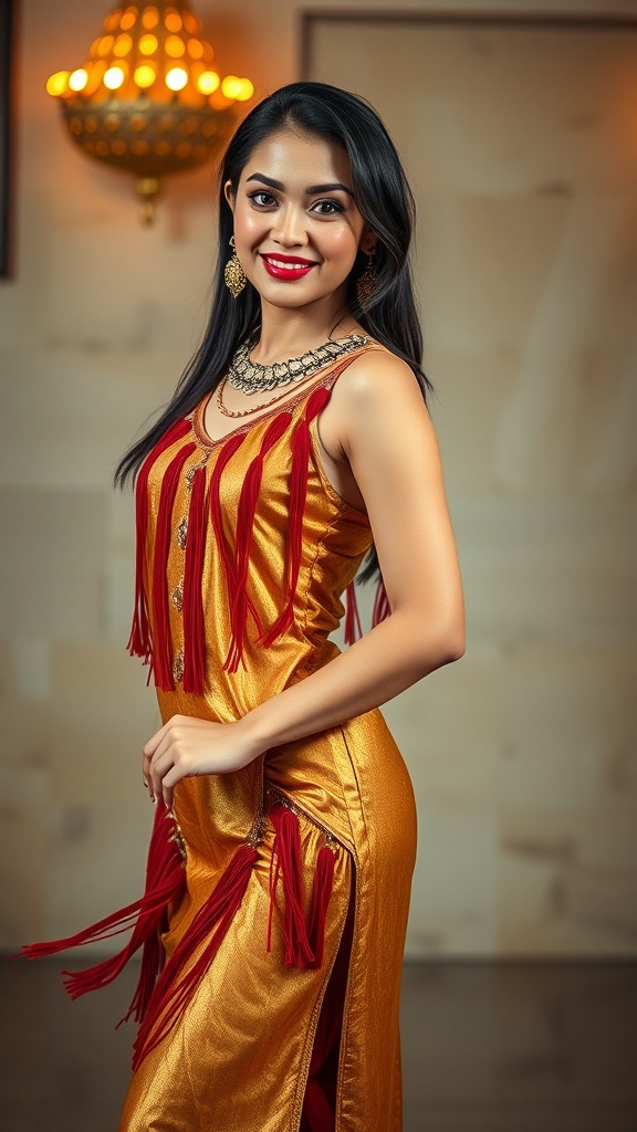 A woman wearing a gold and red Arabic dance dress with tassels, showcasing a confident pose.