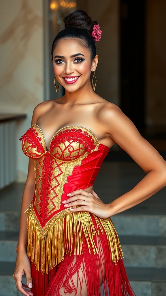 A dancer in a gold and red Latin dance costume with a corset top, featuring fringes and intricate designs.