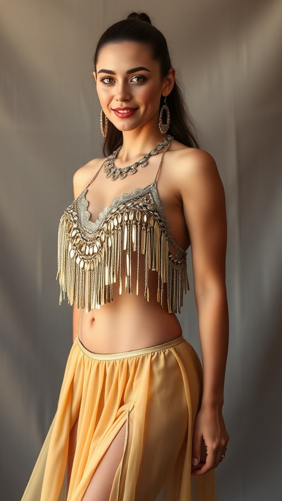 Gold belly dance costume with coin fringe bra and flowing skirt