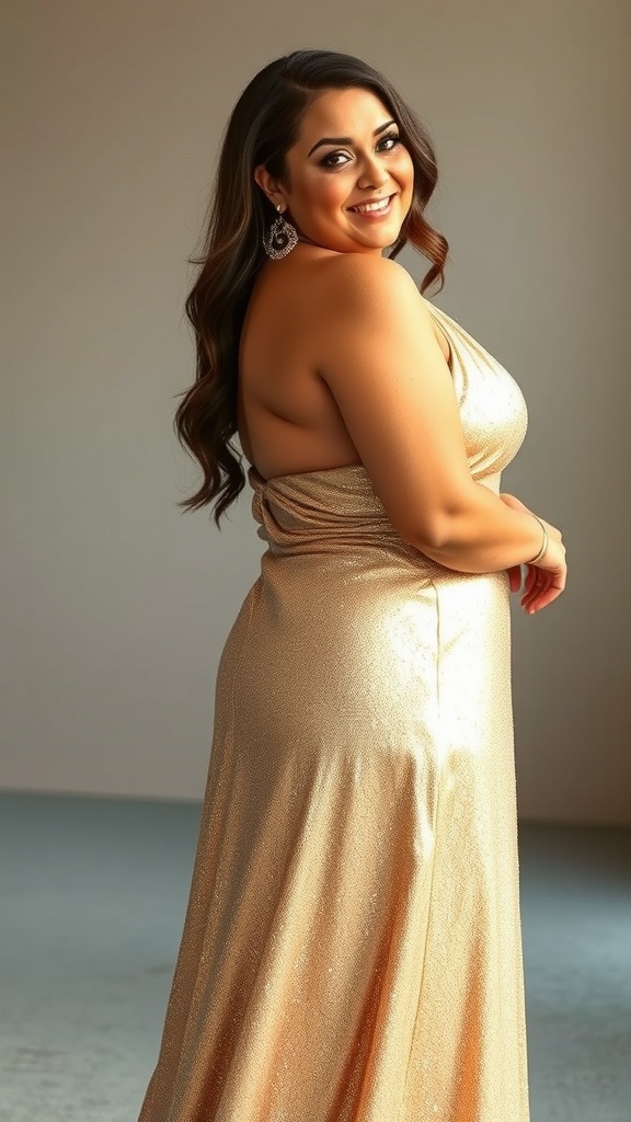 A woman wearing a gold halter neck metallic dress, smiling and showcasing the elegant design.