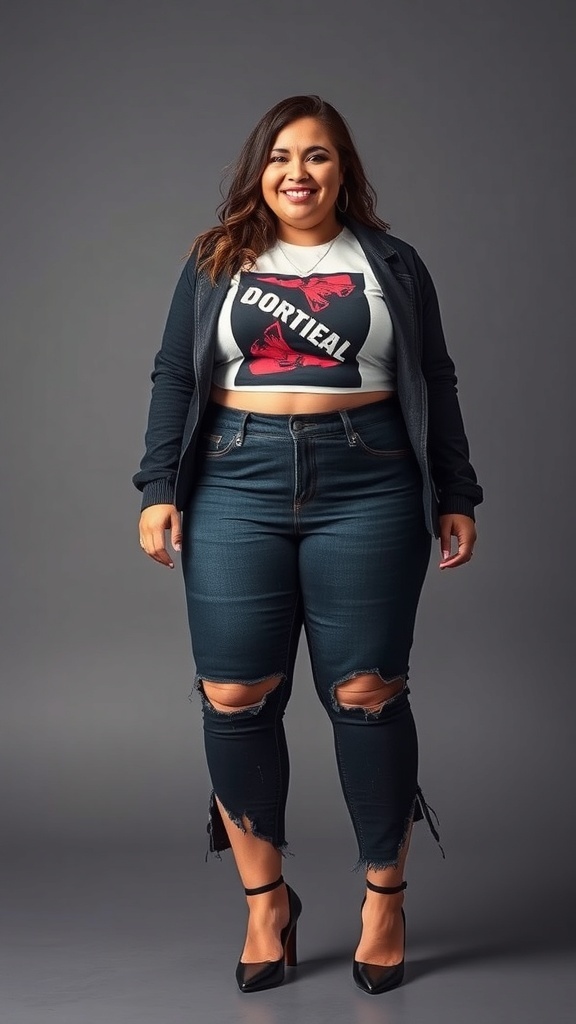 A plus-size woman wearing a graphic crop top and split-hem jeans, showcasing a stylish and confident outfit.