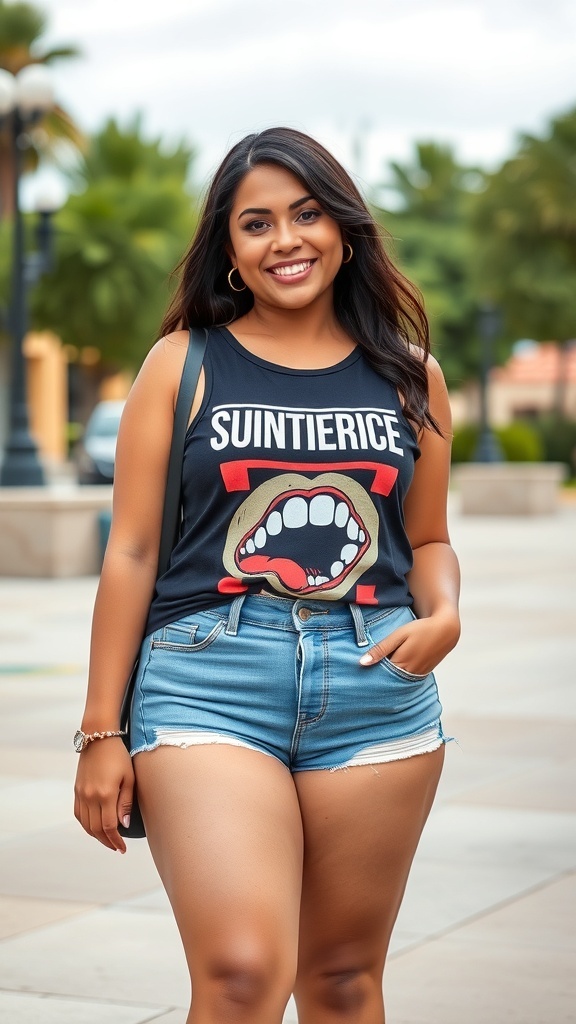 A woman wearing a graphic tank top and distressed high-rise shorts, smiling outdoors.