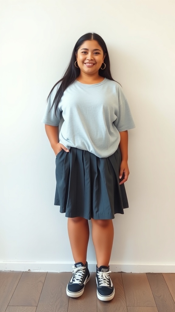 Chubby girl wearing a graphic tee and pleated tennis skirt.