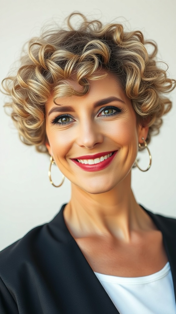 A woman with a stylish gray bob featuring defined coils, smiling confidently.