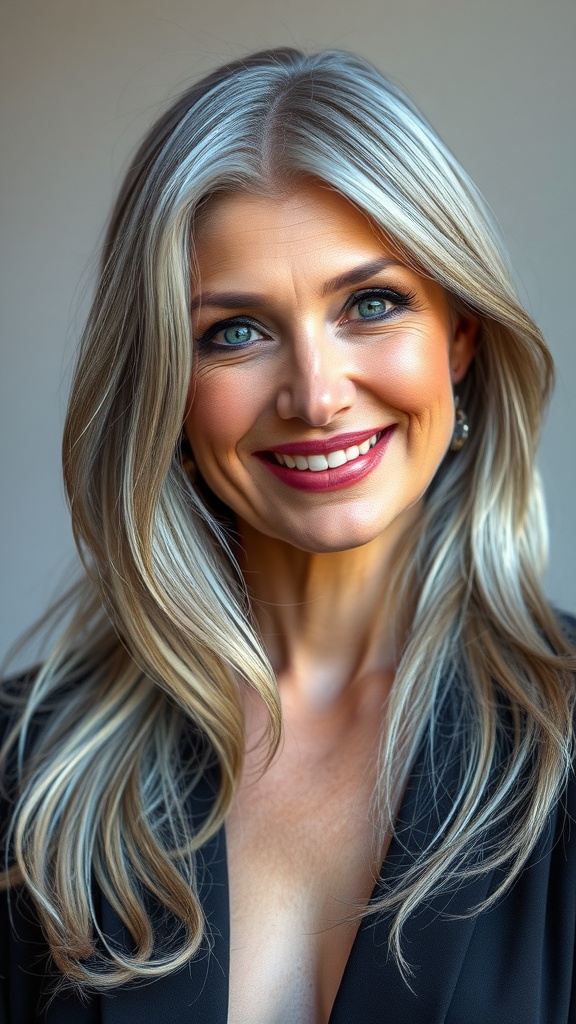 A woman with long gray hair styled in layers, smiling confidently.