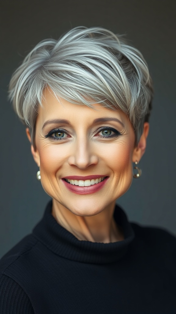 A woman with a stylish gray pixie haircut featuring sculpted crown texture, smiling confidently.
