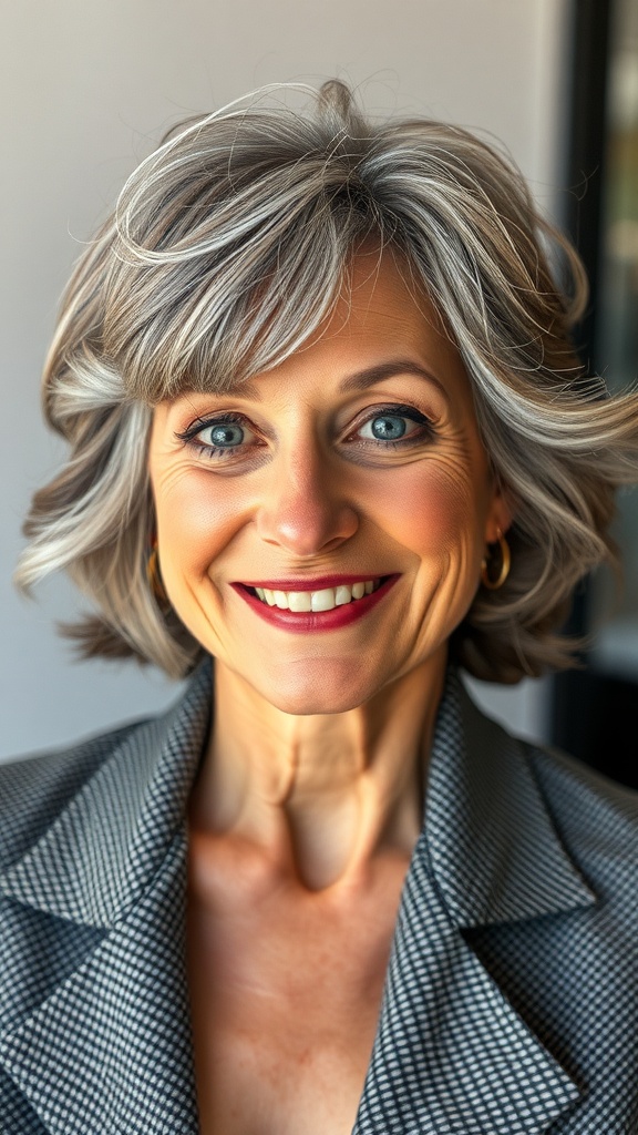 A woman with a gray shag cut and layers, smiling confidently.