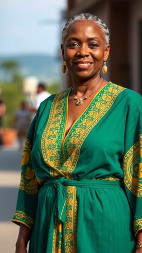 A woman wearing a green and yellow Kente wrap dress, smiling confidently.