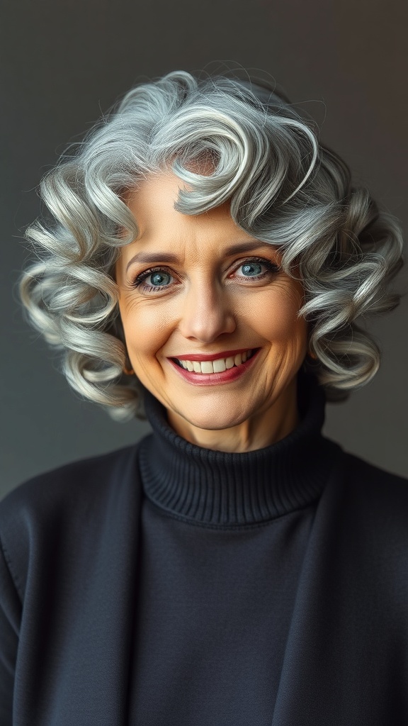 A woman with a grey bob hairstyle featuring soft tapered edges, smiling warmly.