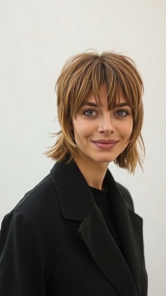 A woman with a grunge bob hairstyle and fluffy curtain bangs, smiling at the camera.