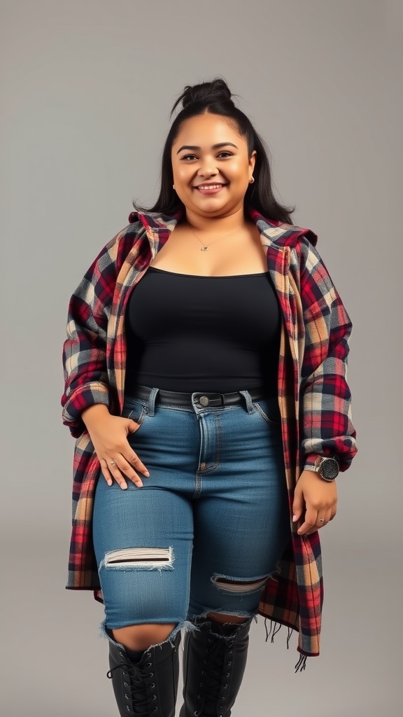 A short chubby girl wearing a grunge flannel shirt over a black top with ripped jeans and black boots.