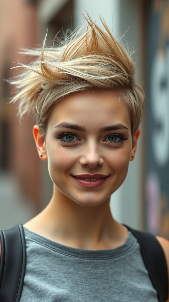 A woman with a grunge short hair updo featuring messy spikes, smiling confidently.