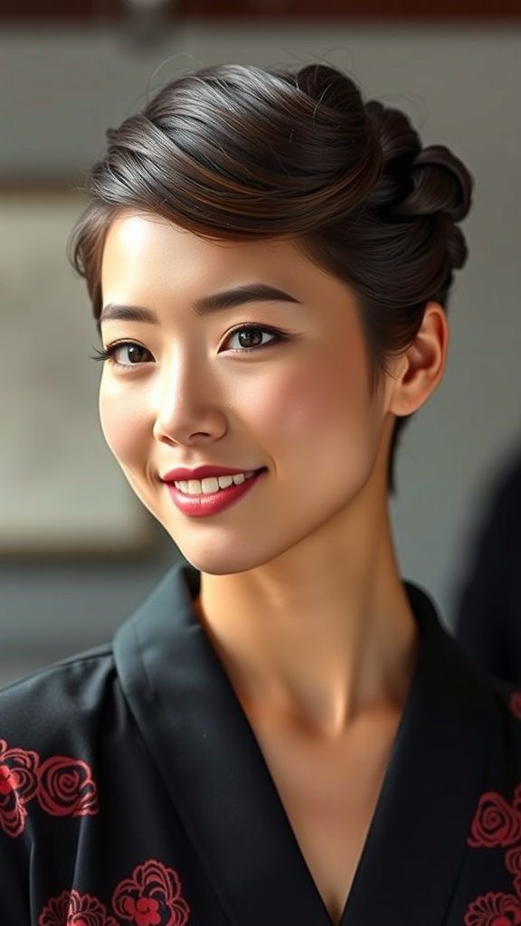 A woman with a Japanese updo hairstyle, showcasing elegant twists and loops.