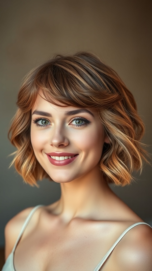 A woman with short wavy hair styled in blunt layers, smiling at the camera.