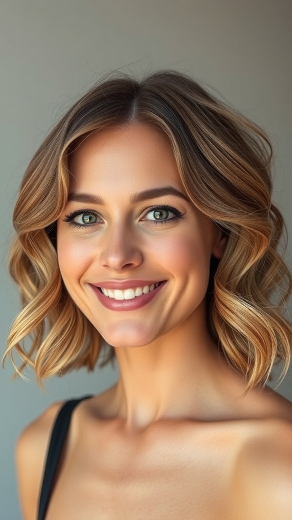 A woman with layered wavy hair, smiling and showcasing a long bob hairstyle.