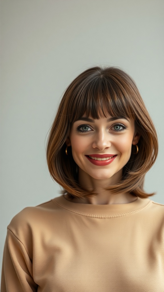 A woman with layered hair styled in a sophisticated retro look, featuring soft layers and bangs.
