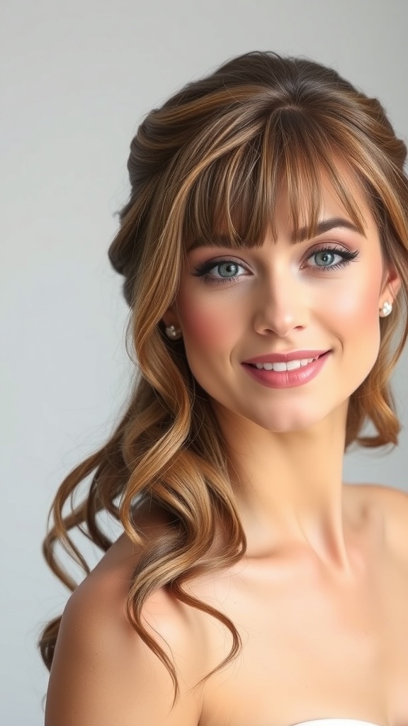 Half-up beach hair with wavy curtain bangs, styled elegantly for a wedding.