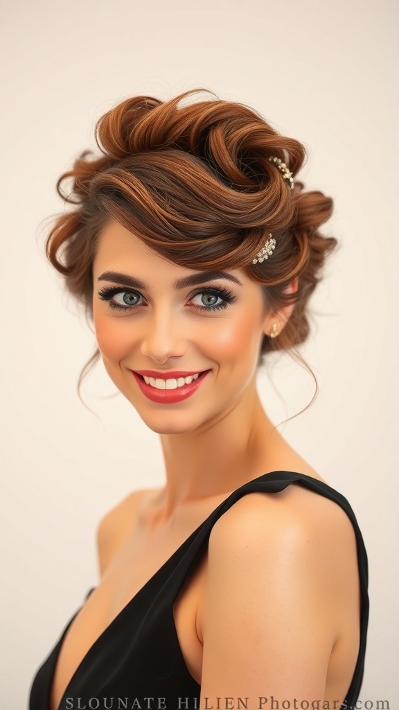 A woman with half-up curls adorned with rhinestone clips, smiling and looking elegant.