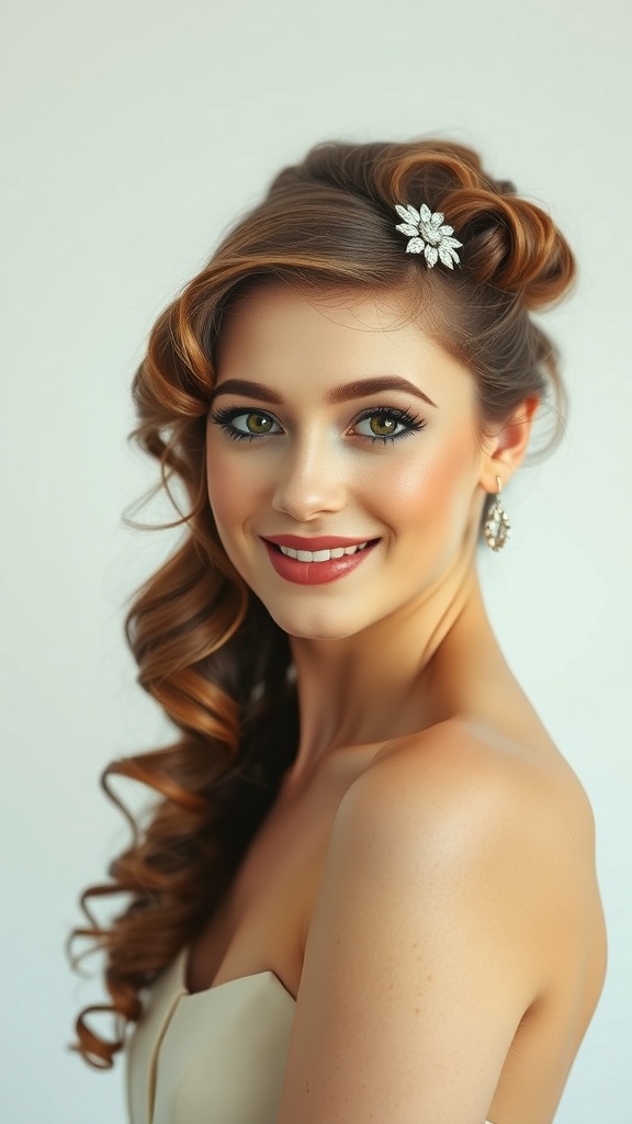 A woman with half-up curly hair styled in vintage flair, featuring soft curls and a sparkling hair accessory.
