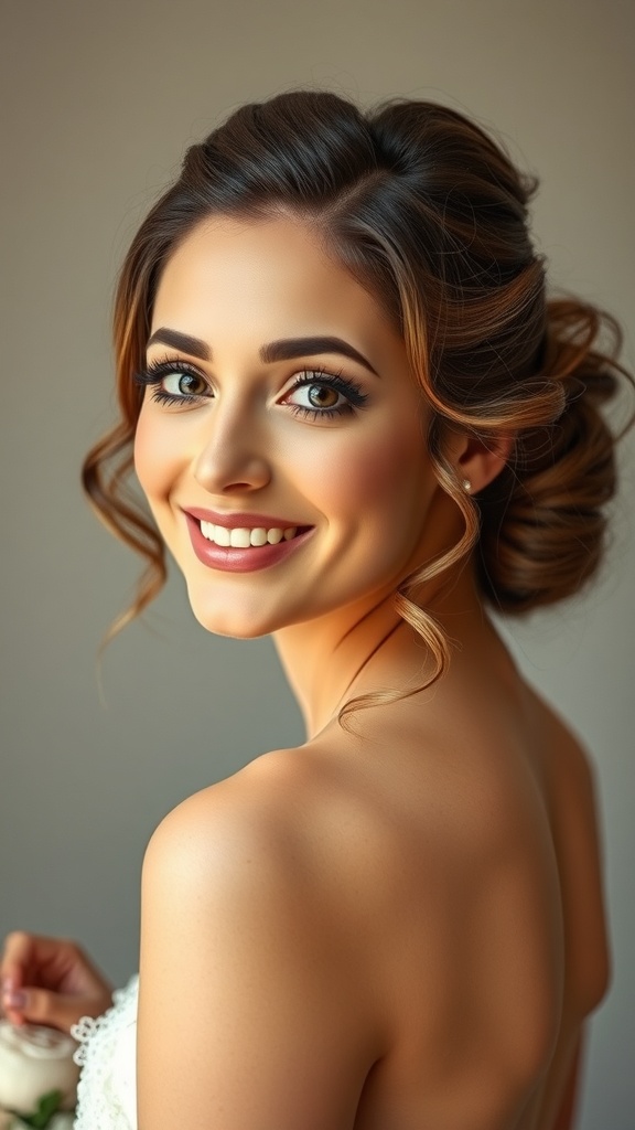 A bride with a half-up curly hairstyle featuring a twisted front, showcasing elegant wedding hair.
