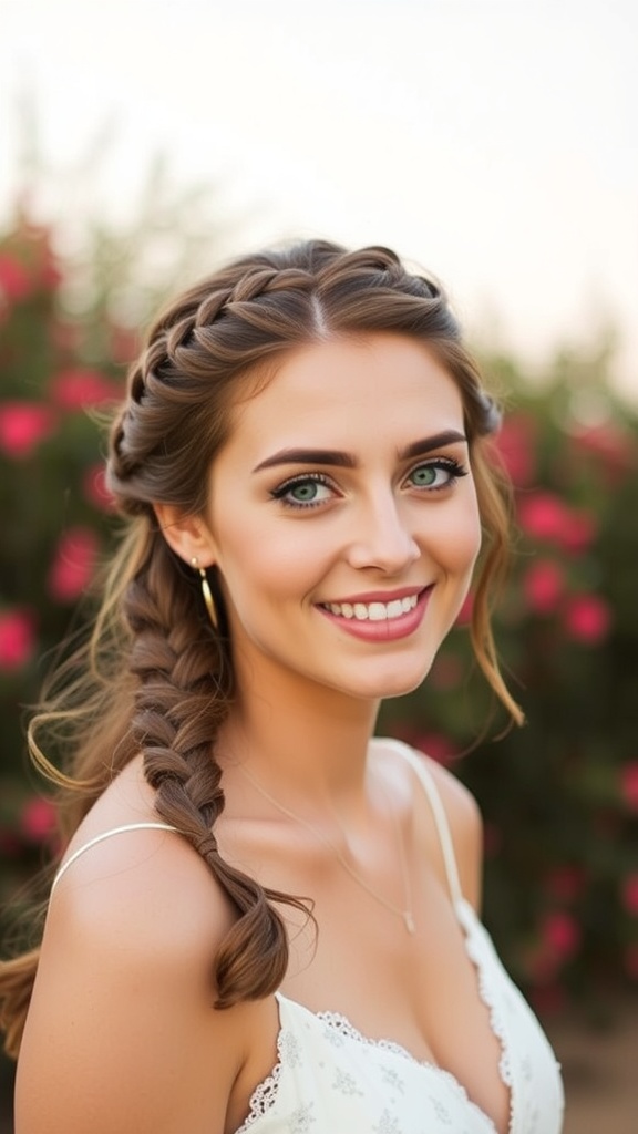 A woman with a half-up fishtail braid hairstyle, featuring flowing ends, smiling in a floral background.