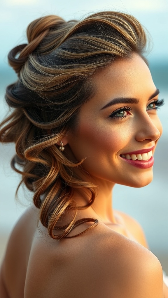A woman with a half-up knot hairstyle and soft mermaid waves, smiling at the beach.