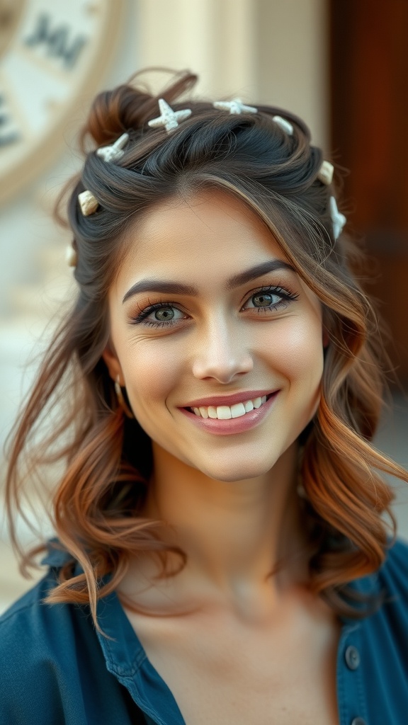 A woman with a half-up twist hairstyle adorned with seashell hair pins, smiling brightly.