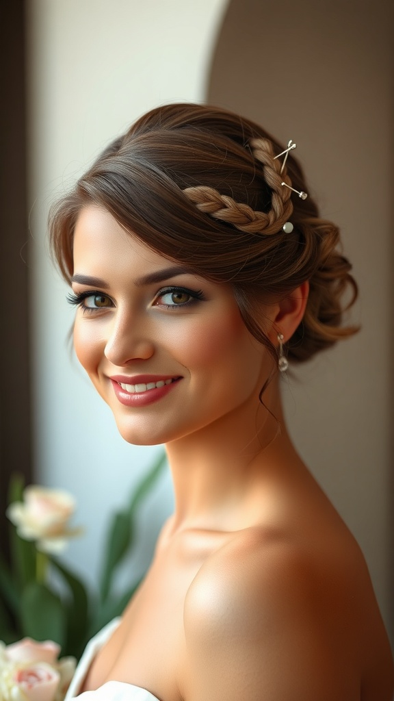 A bride with a half-up twist hairstyle featuring a textured finish and decorative hairpins.