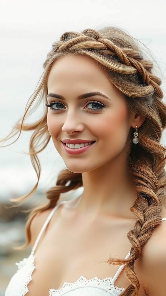 A woman with a halo braid and soft side curls, wearing a white dress, smiling at the beach.