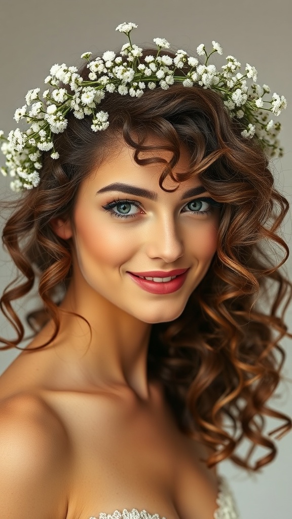 A bride with curly hair styled in a halo crown adorned with baby’s breath flowers.