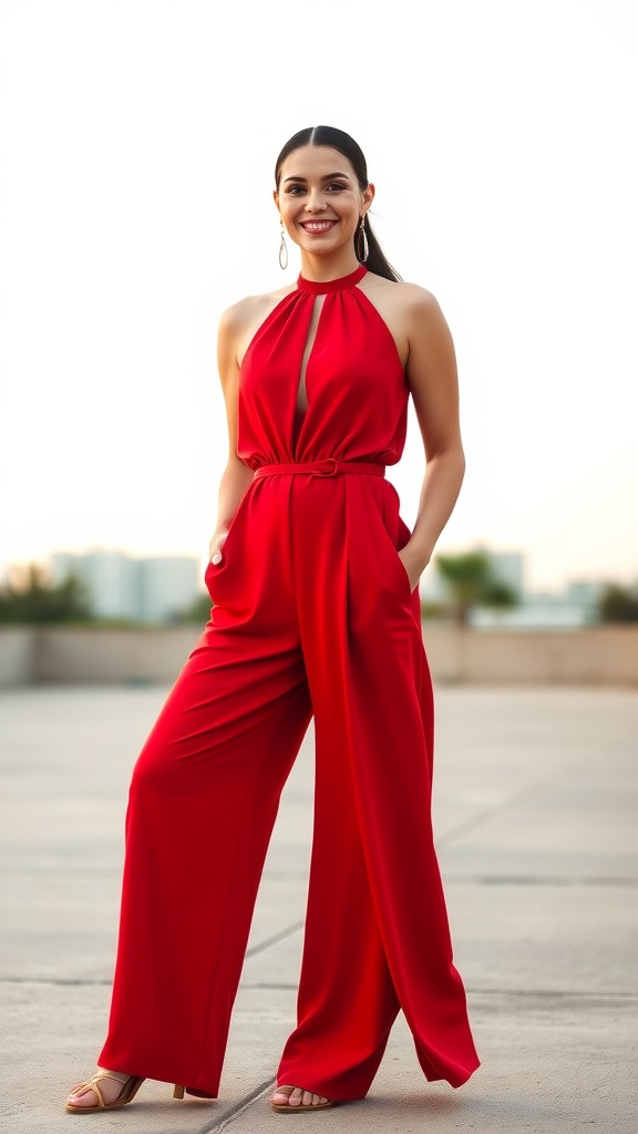 A woman in a red halter neck jumpsuit with a bold lip, smiling confidently.