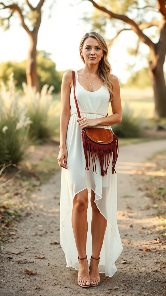 A woman wearing a high-low chiffon dress with a fringe bag, standing in a natural setting.