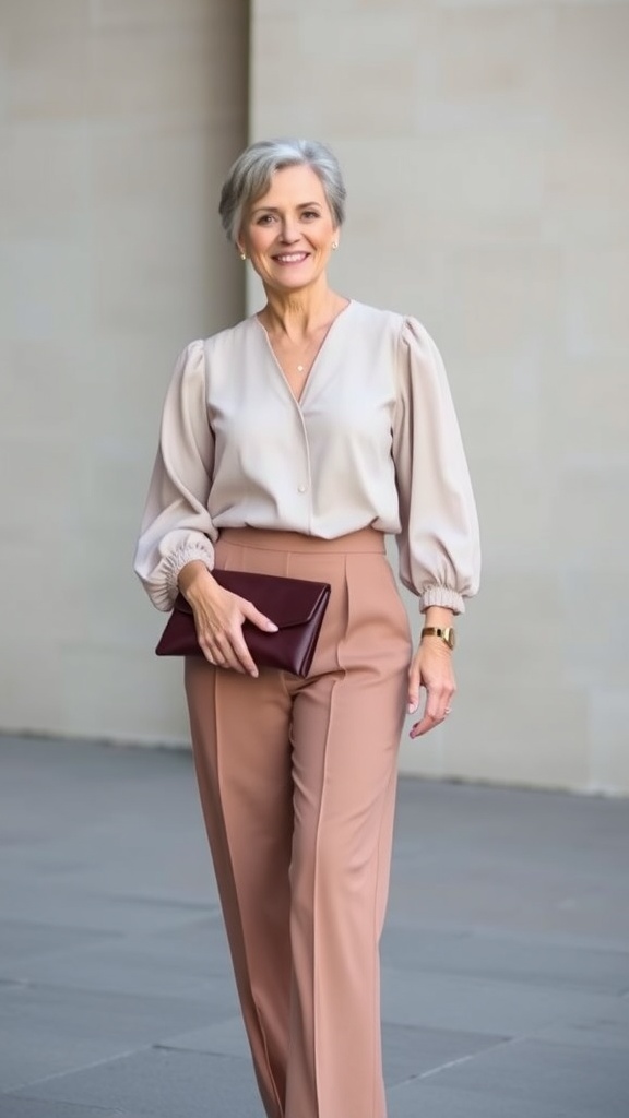A woman over 50 wearing high-waisted trousers and a puff sleeve top, smiling and holding a clutch.