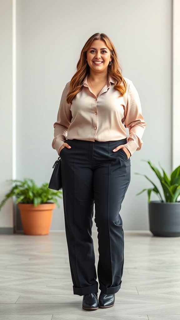 A woman wearing high-waisted wide-leg trousers and a tucked silk blouse, showcasing a stylish plus size outfit.