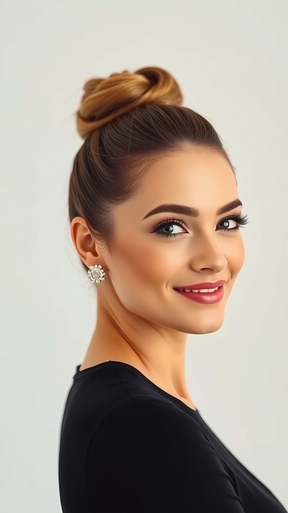 A woman with a high bun hairstyle and curled face pieces, smiling and wearing earrings.